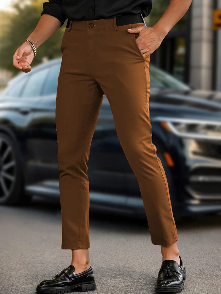 

Summer Ice Silk Slim Pencil Pants Men Stylish Solid Color Draped Straight Trousers Mens Vintage Mid Waist Ankle Pants Streetwear