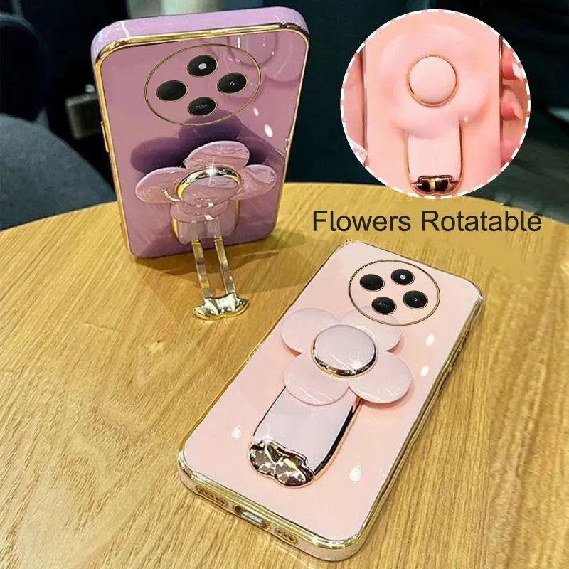 14 C Flower Windmill Plating Phone Holder Case For Xiaomi Redmi  14C 12 A3 9T 9A 10C 10 Turbo3 8 8A 12C 13C 9 13 A1 10A 9i Cover