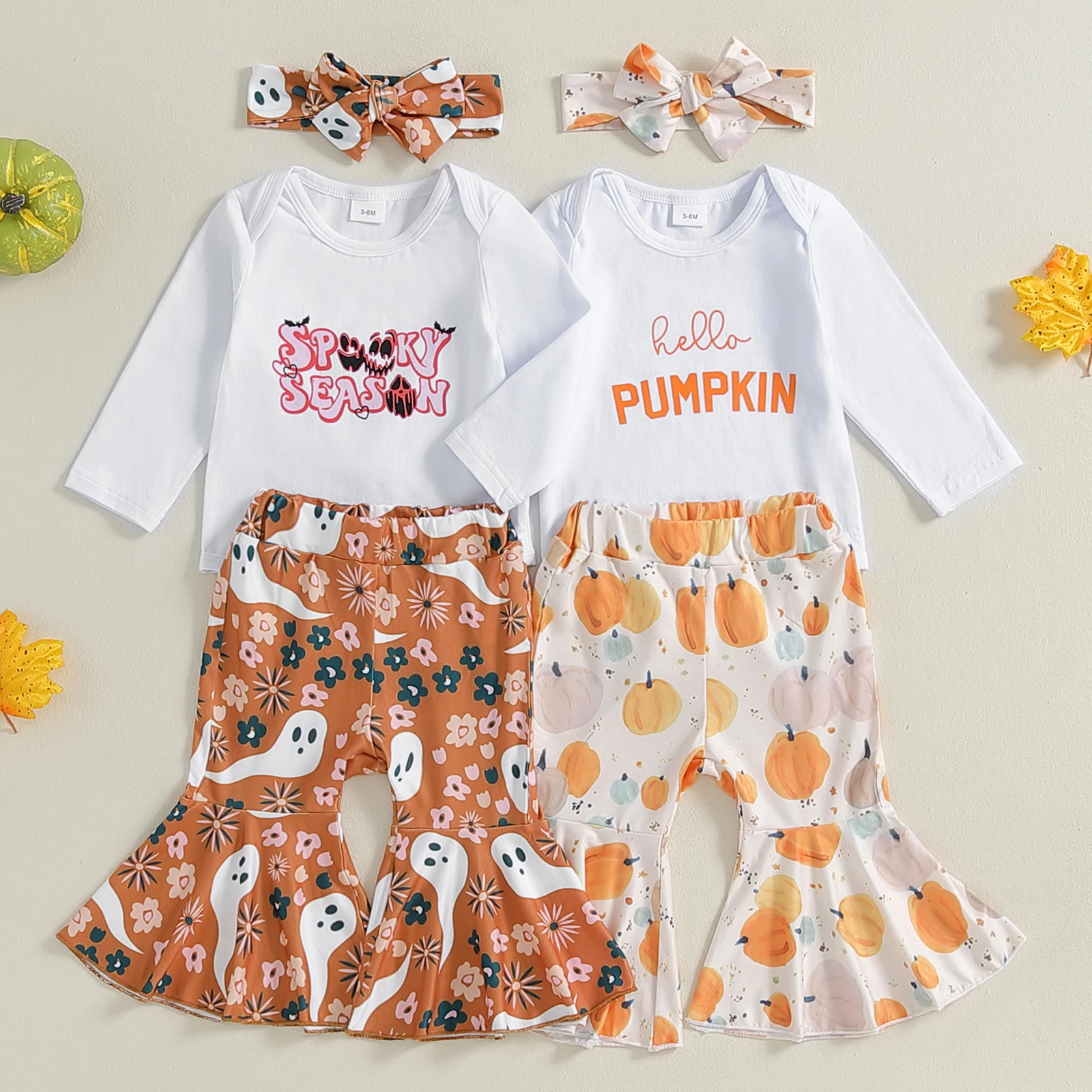 

Infant Baby Girls Halloween Outfits Letter Print Long Sleeves Romper and Ghost/Pumpkin Print Flared Pants Headband 3Pcs Set