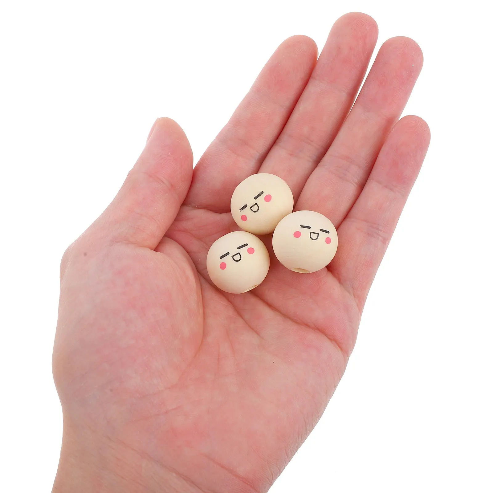 50Pcs Round Wooden Beads with Smile Faces Natural Wood Finish for DIY Crafts Keychain School Kindergarten