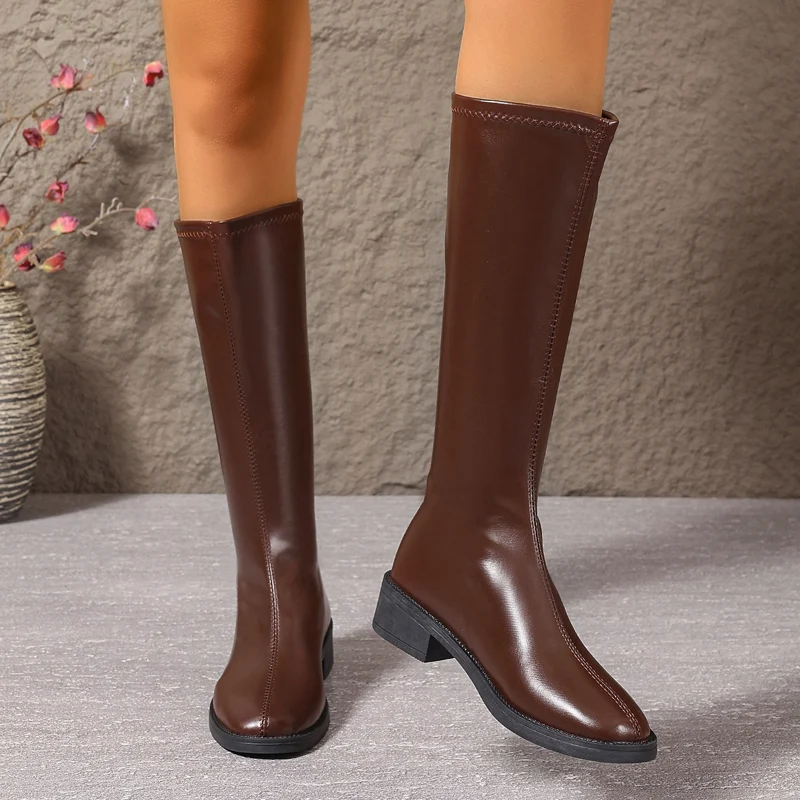 Winter Women Faux Leather Square Toe Knee High Boots Shoes Back Zipper Non-Slip Thick Sole Casual Daily Shoes image 2