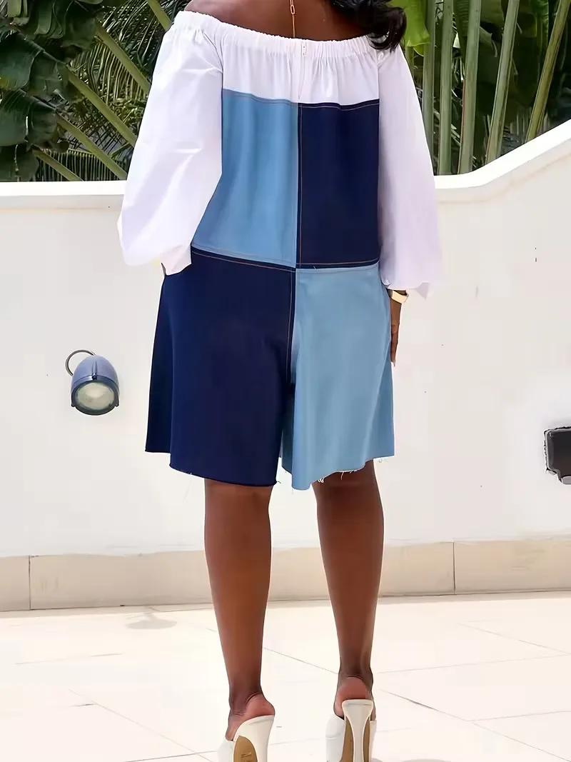 بذلة نسائية فضفاضة للعطلات باللون الأزرق كاجوال ملونة مكشوفة الكتف وأكمام طويلة وجيب