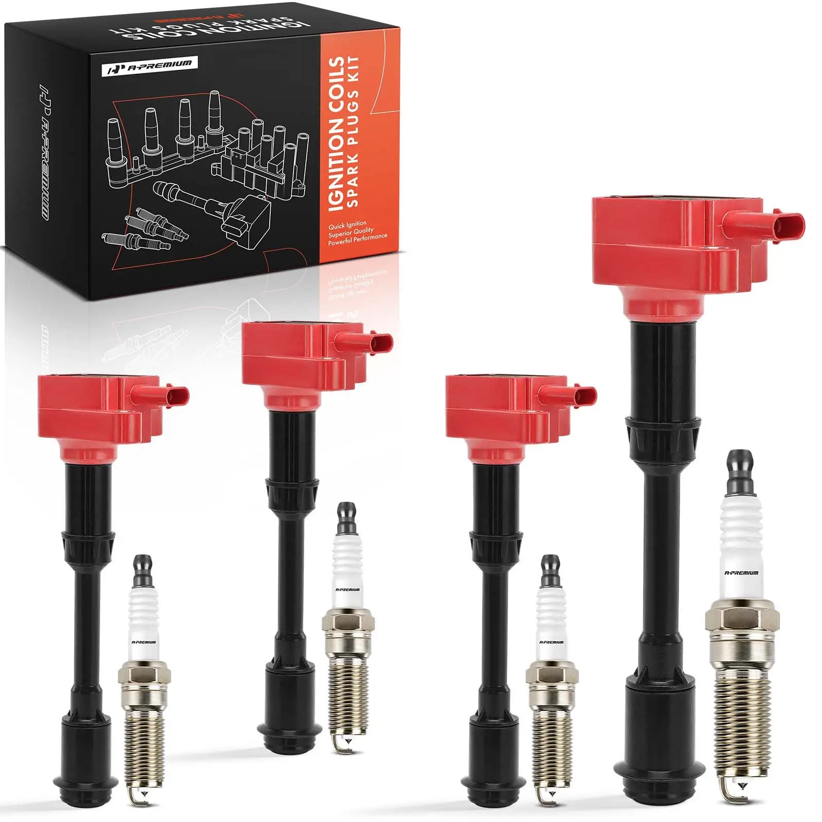 A-Premium 4x Red Ignition Coils & 4x Iridium + Platinum Spark Plug Kit for Ford Fusion 1.6L