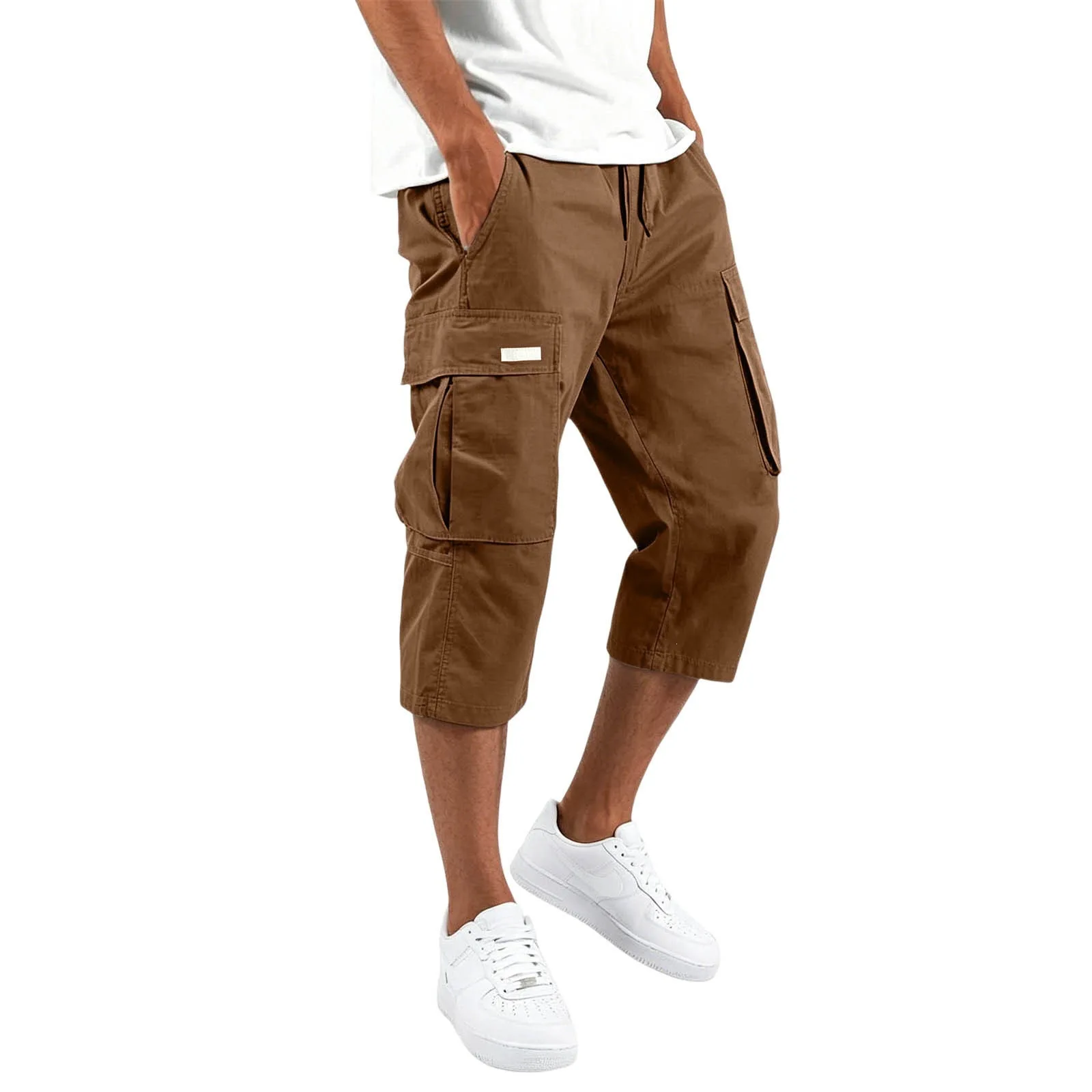 2026 Herren Solide Cargo Capri-Shorts mit Kordelzug, elastischem Bund, mehreren Taschen, lockerer Passform, knielang, für den Sommer, Freizeit, lange Shorts – Detail 5