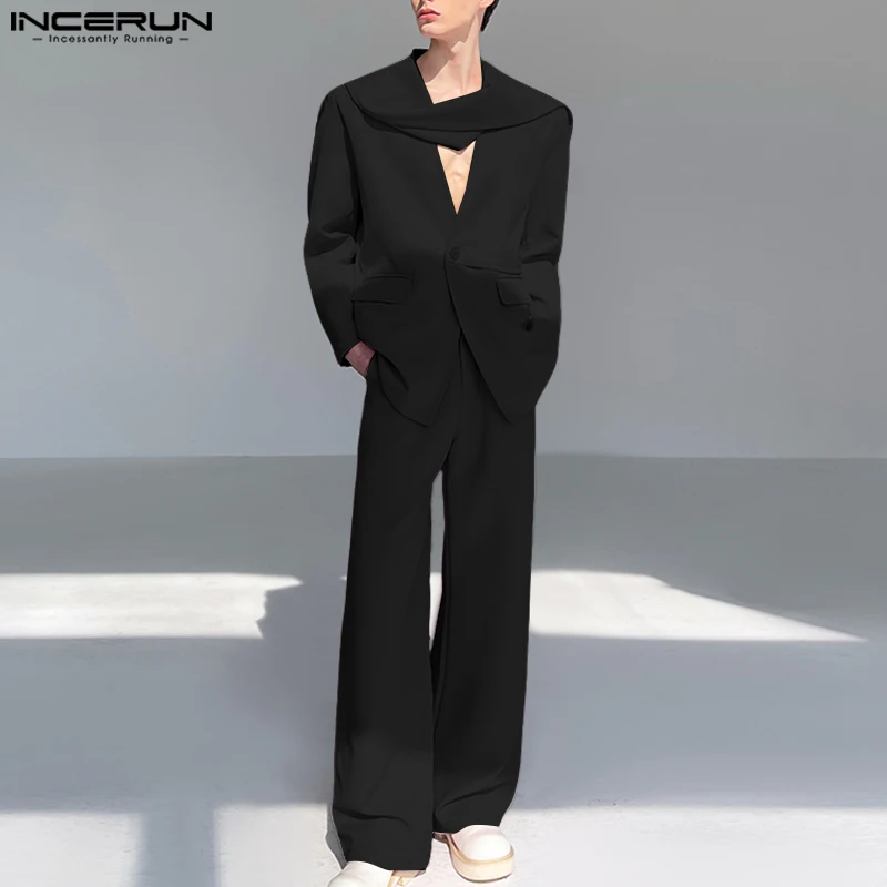 INCERUN أطقم رجالية بلون سادة وأكمام طويلة سترة وسراويل غير منتظمة طقم مكون من قطعتين ملابس خروج فضفاضة موضة 2025 بدل رجالية غير رسمية