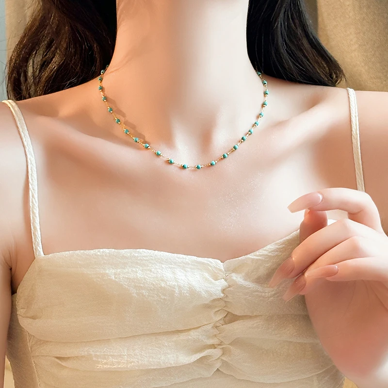Retro Grüne Perle Gold Farbe Kette Schlüsselbein Kette 2025, Neue Mode-Design Schmuck Für Sommer frauen Sexy Halskette Zubehör – Detail 5