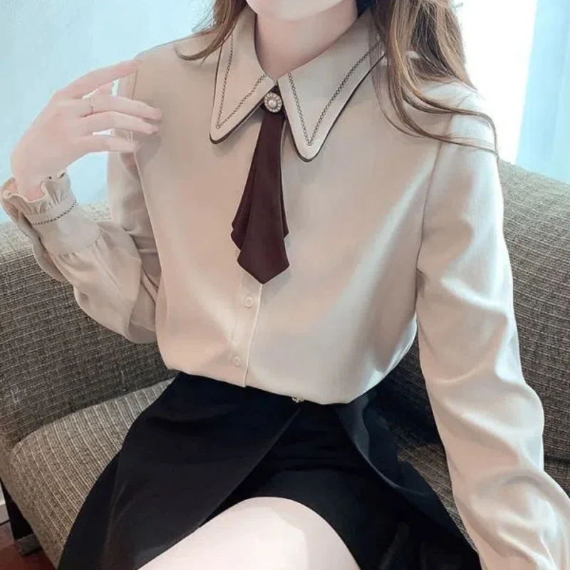 Spring Autumn New Doll Collar Fashion Long Sleeve Shirt Women High Street Casual Button Cardigan Elegant Bow All-match Chic Top