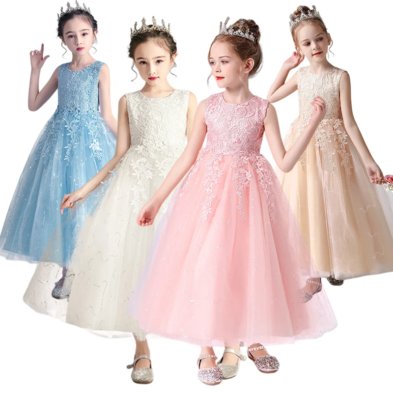 Summer Kids Floor Length Flower Girls White Pink Lace Dress for Weddings Birthday Ceremonies Party Tulle Princess Gown Size 4-14