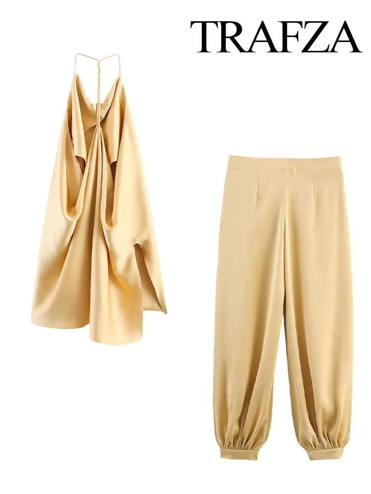 

TRAFZA Women Summer Solid Casual Satin Texture 2-Piece Set Sleeveless Backless Hanging Neck Collar Top+Pockets High Waist Pants