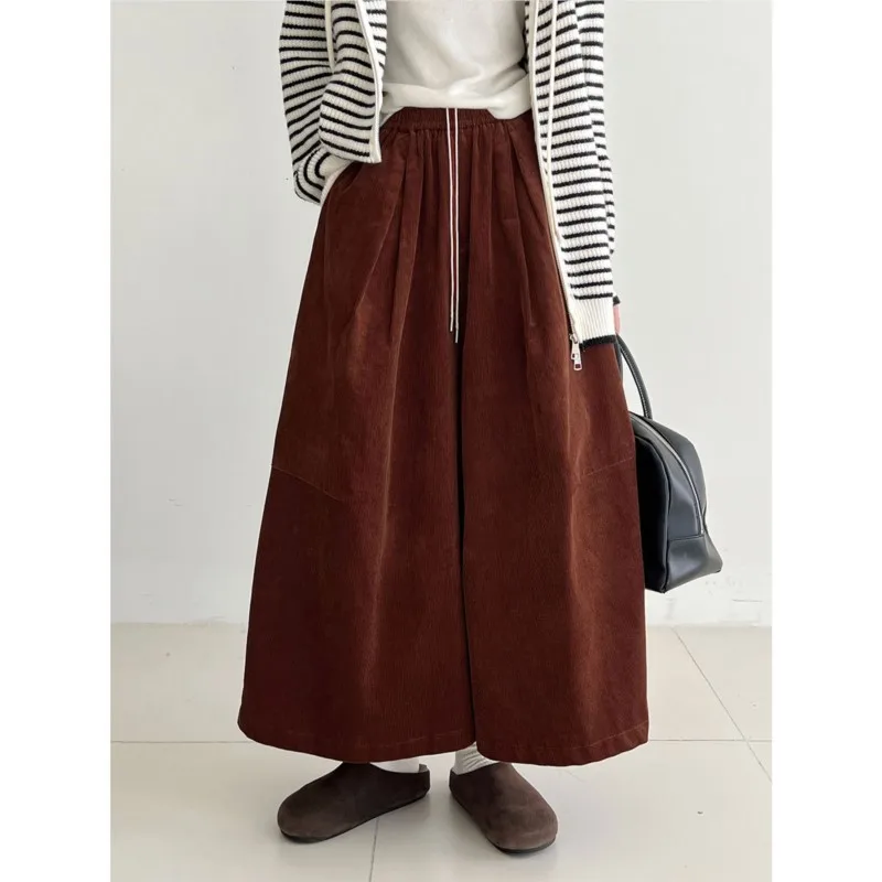 

Johnature Retro Corduroy Wide-leg Pants For Women Autumn Winter Casual Loose Comfortable Drawstring Cropped Pants