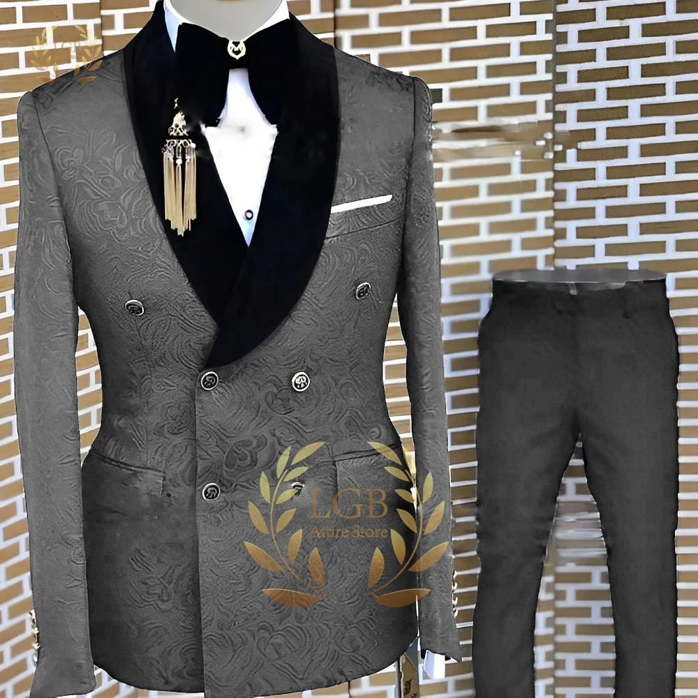 Navy blue jacquard wedding suit men slim fit double breasted groom tuxedo 2 piece suit groomsmen prom suits menswear