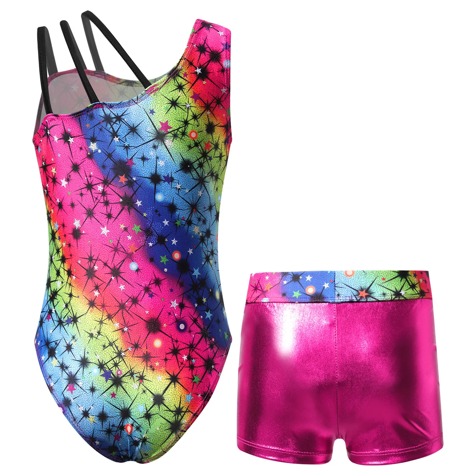 2Pcs Girls Gymnastics Ballet Dance Outfits Sleeveless Colorful Print Leotard with Shorts Set for Yoga workout Tumbling Skating