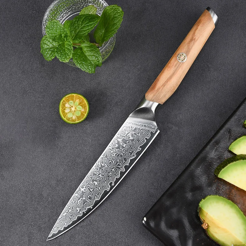 5 Inch Utility Knife 67-layers Damascus VG10 Steel Blade Sharp Cleaver Paring Peeling Barbecue Kitchen Knives Olive Wood Handle