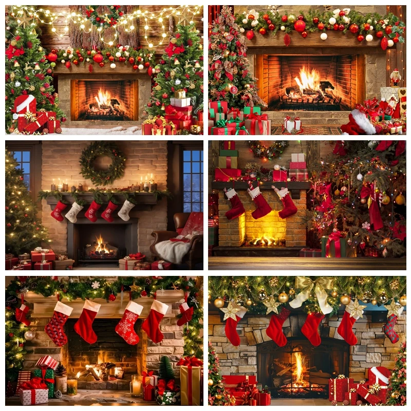 

Christmas Fireplace Backdrop for Photography Vintage Brick Wall Xmas Tree Gifts Socks Kids Birthday Party Decoration Background