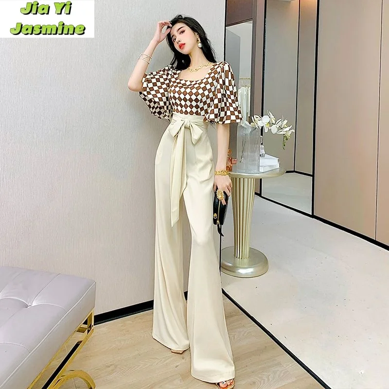 High End Custom Fashion and Temperament Jumpsuit 2024 Summer New Plaid Square Neck Shirt Wide Leg Pants Jumpsuit