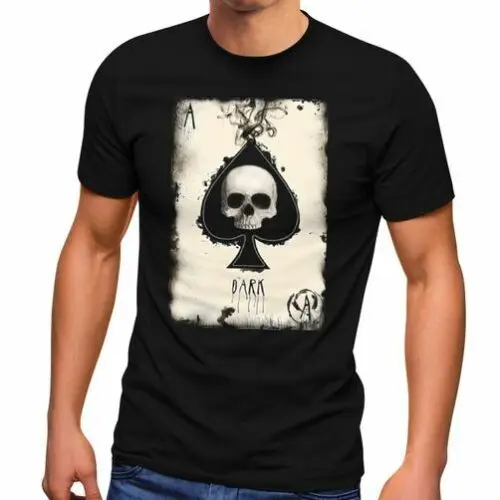 Herren T-Shirt Bedruckt Totenkopf Skull Spielkarte Pik Ass Kartenspiel