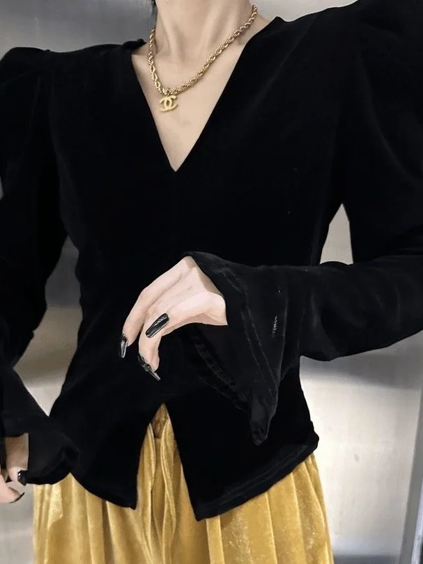 

Retro Velvet Women's irt Bubble Sve Waist Cinched Split V-Ne Long Sve Warm Regular Thin Chinese Brand Commute ...