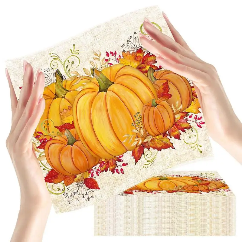 Halloween Pumpkin Napkins Halloween Beverage Dinner Paper Party Napkins Pumpkin Hand Towels Soft & Highly Absorbent Orange