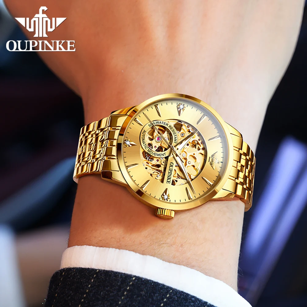 OUPINKE 3308 ساعة رجالية ذهبية مجوفة مستوردة بحركة يابانية للرجال ساعة أوتوماتيكية فاخرة مقاومة للماء ساعة ميكانيكية للرجال