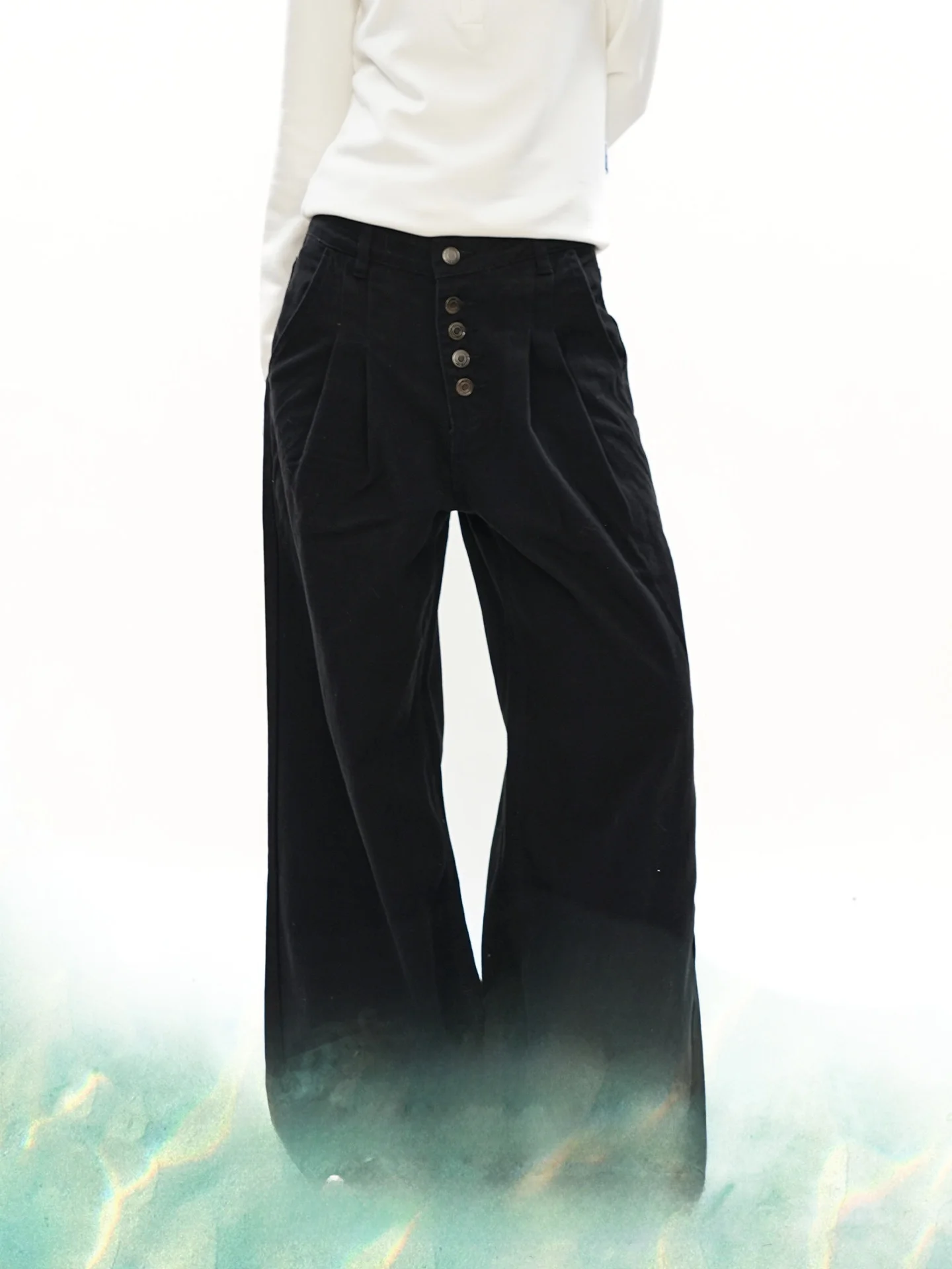 

S3T5 Double Pleat Button Washed Wide Leg Jeans Unisex Casual Versatile Jeans American Design Cleanfit Comfortable Fit Pants