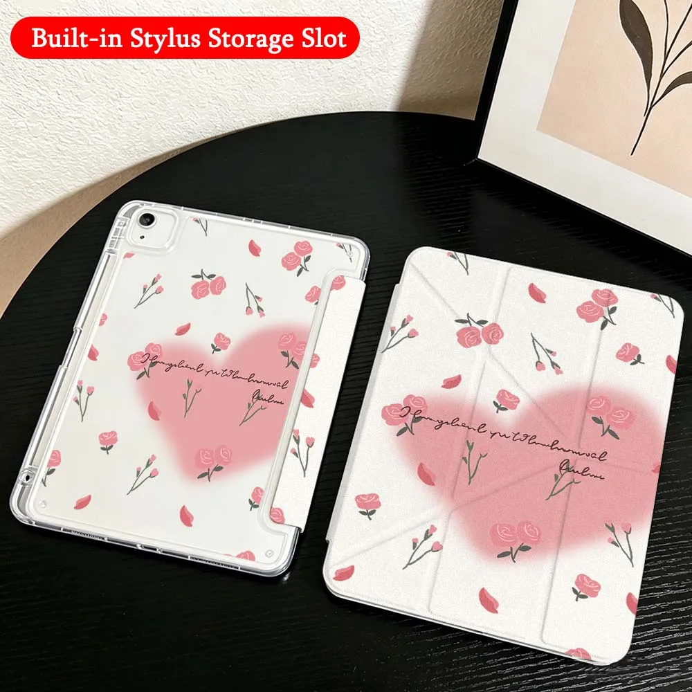 Cartoon Pink Rose Case For iPad Mini Pro Air 5 6 7 8 9 10th 11th 11 9.7 10.9 13 inch Transparent Y-Shaped Folding Tablet
