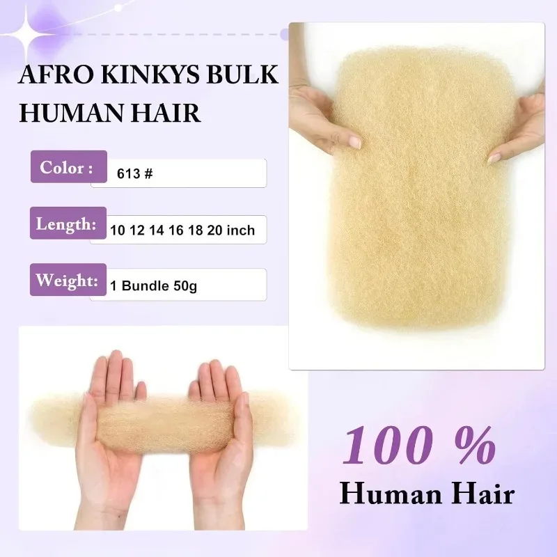 613 Blonde Afro Kinkys Bulk Human Hair for Braiding Curly Bulk for Twist Crochet Braids for Mini Twists or Dreadlock Extensions