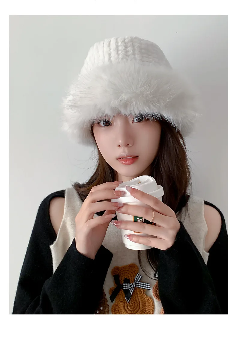 Imitation Fox Fur Plush Hat, Winter Face-Showing Small Thickeneded Warm Fisherman Hat, Large Head Circumference Cold-Proof Hat