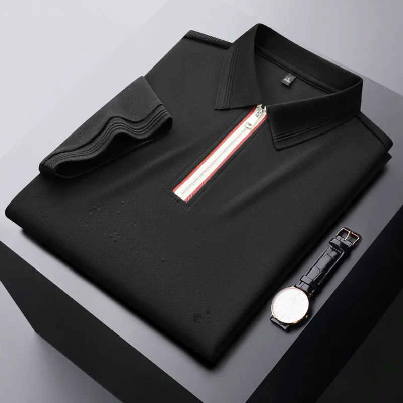 Summer 7A Antibacterial Beaded Breathable Half Zipper Short Sleeve Polo Shirt Men's Business Casual Solid Color Collar T-shirt