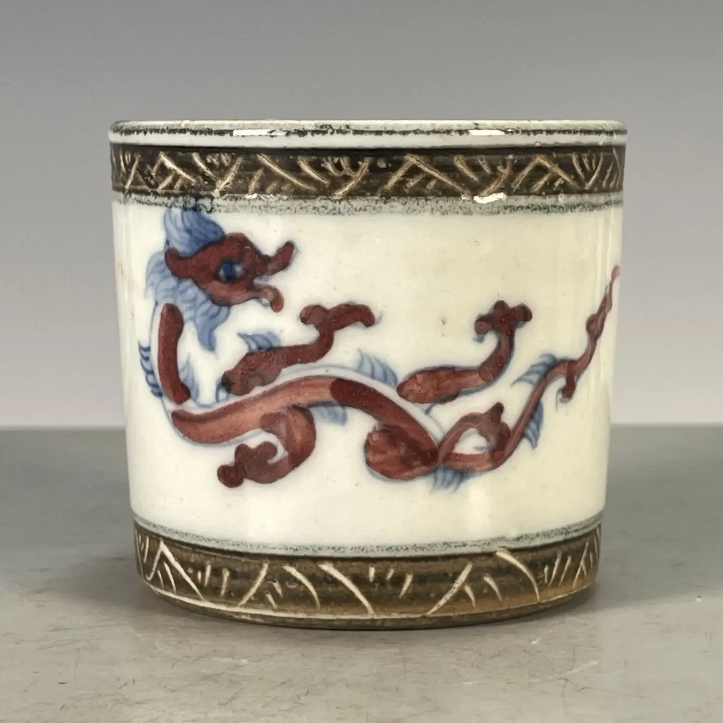 Vintage Porcelain Scholar Curios Brush Pot Incense Burner Hand Painted Red Dragon Iron Rust Carved Edge Chilong Relief Dragon