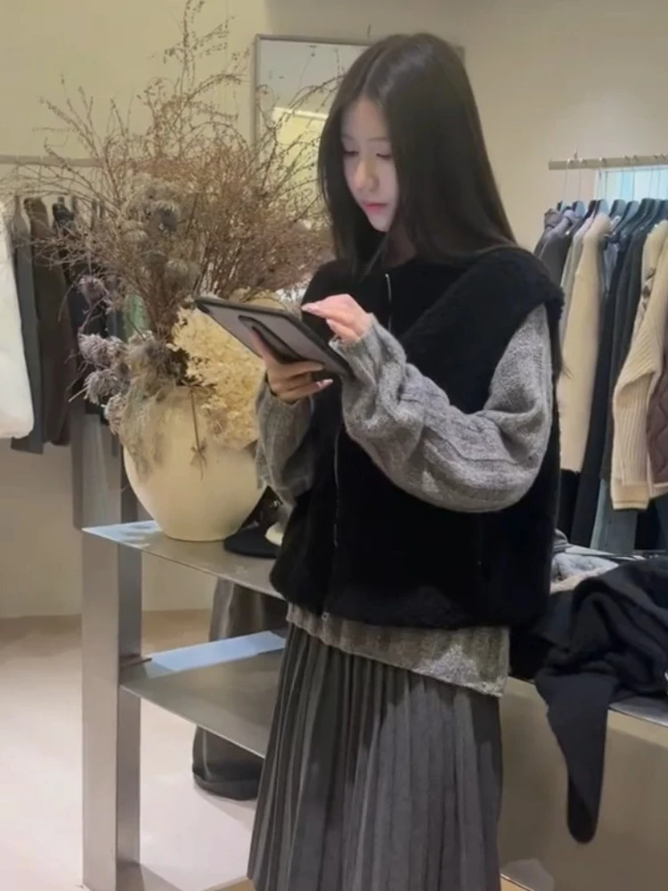 Retro Sle Dames Open Eapenvacht Vest Svel Ronde Ne Loose Fit Herfst Winter Bovenkleding Ritssluiting