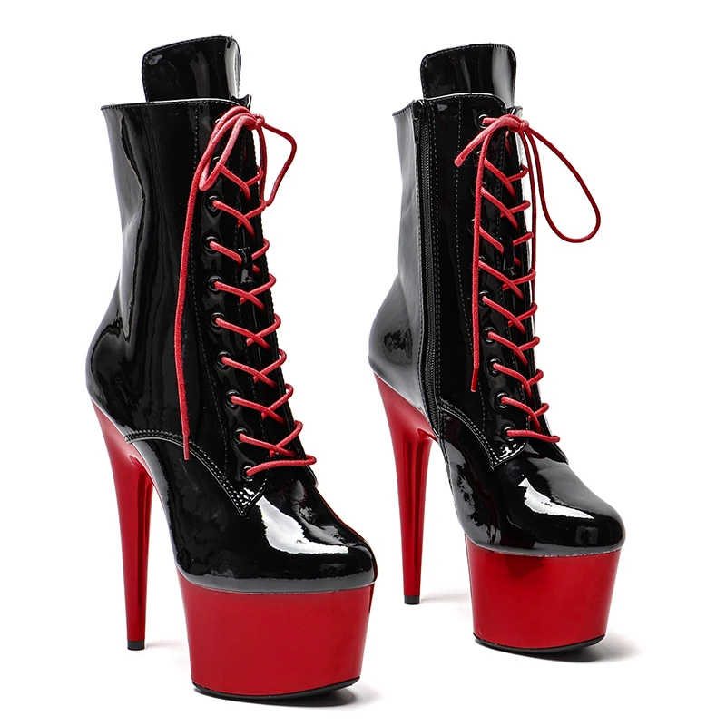 

Leecabe Shinny Black Upper with RED Platform 17CM/7inches Pole Dancing High Heel pPatform Pole Dance Boots