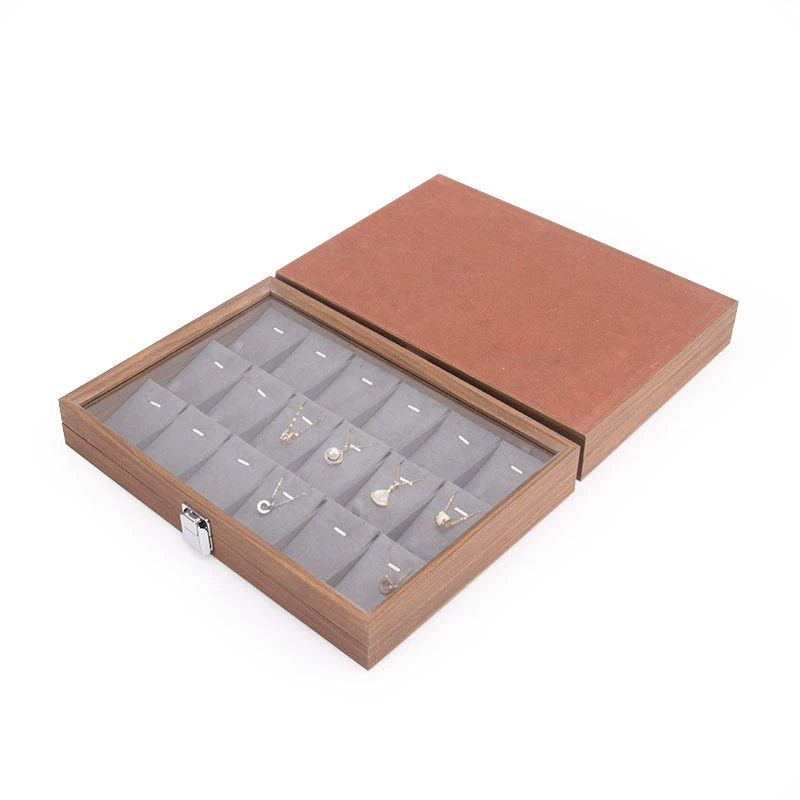 Braune verkörnende innere graue Samt-Schmuckschatulle mit Glasabdeckung, Aufbewahrungsbox für Ringe, Ohrringe, Armbänder, Halsketten, Display-Organizer – Detail 1