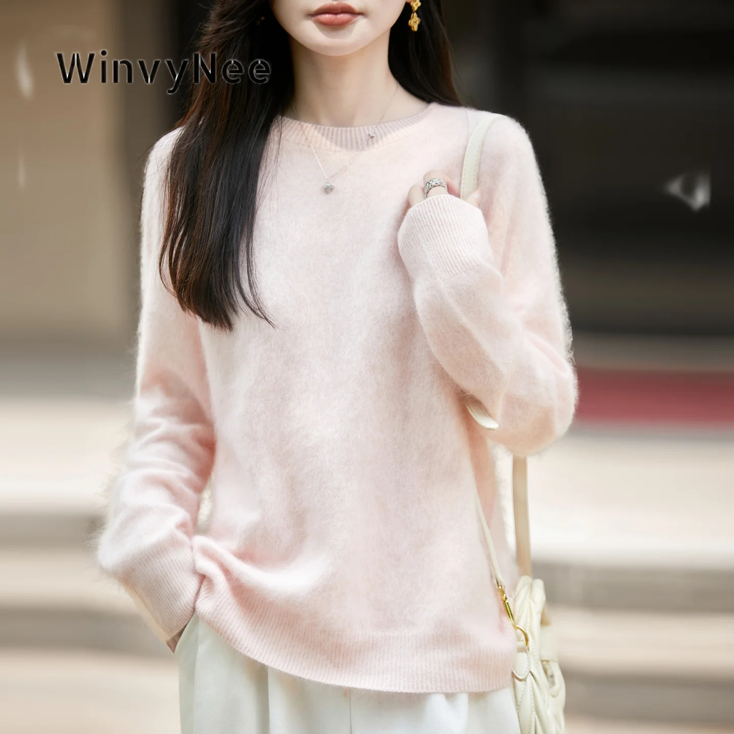 WinvyNee Women Brushed Fabric Plush Solid Knit Wool Cashmere Crew Neck Long Sleeve Fall Elegant Casual Soft Sweater A1743008A