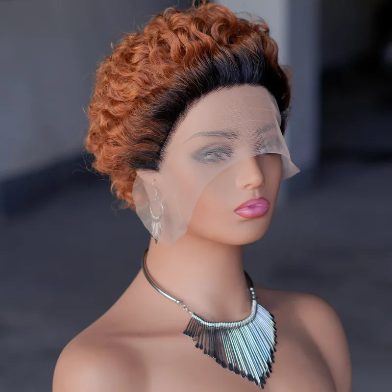 Farbe 4/27 # Kurze Lockige Perücke für Schwarze Frauen 13x1 Pixie Cut Lockige Lace Frontal Perücke aus Brasilianischem Jungfrauenhaar – Detail 7