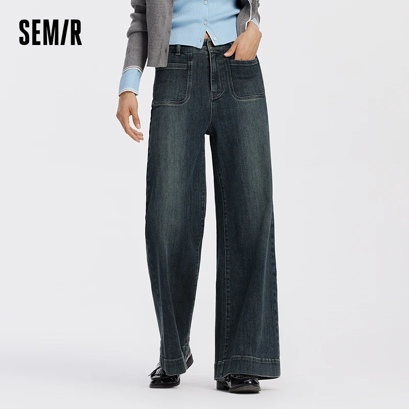 Semir Women Jeans Panel Raw Hem Flare Leg Retro Street Style Slim Long Denim Pants Spring Urban Daily Wear 2026