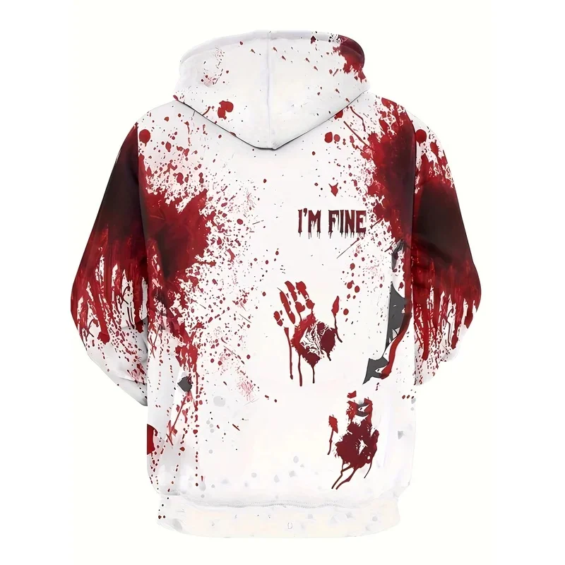 Halloween Horror Hoodie Men Blood Splash Hand Print I'm Fine Text Drawstring Loose Casual Hooded Sweat Top