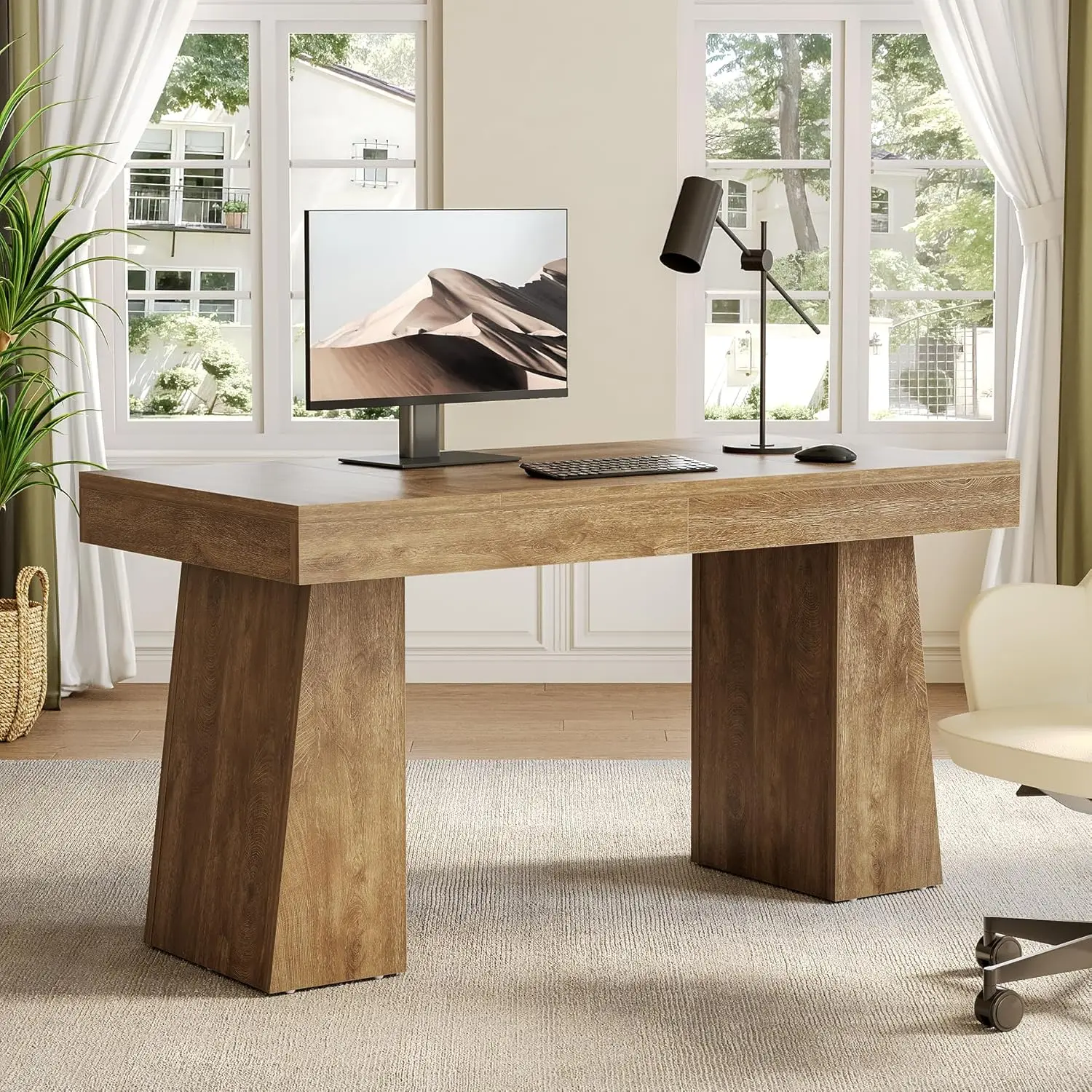 

55 Inches Long Computer Desk, Large Wooden Home Office Desk with Heavy Duty Pedestal, Modern Simple Style Study Writin