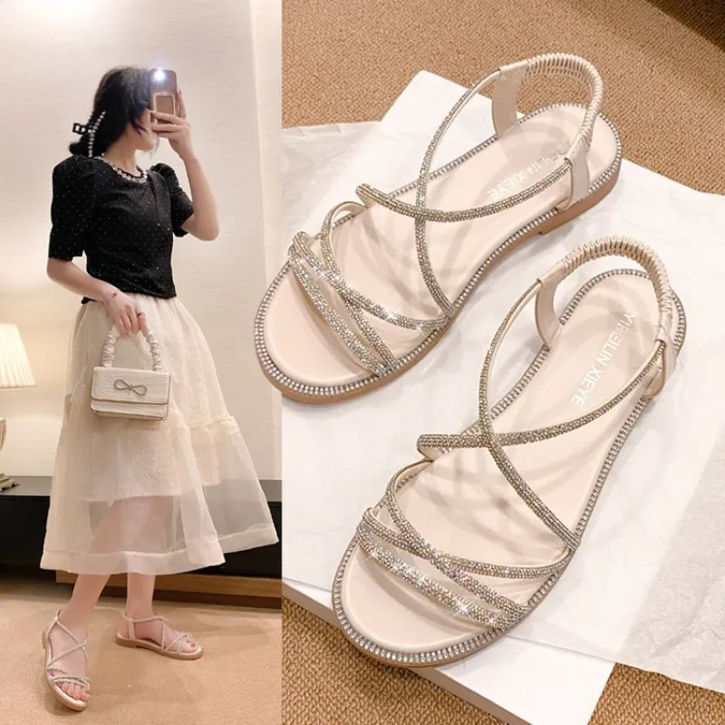 2024 Summer New Sandals, Rhinestone Flat Sandals, Women\'s Open Toe Elastic Set Foot Cross Sandals， Women Sandals