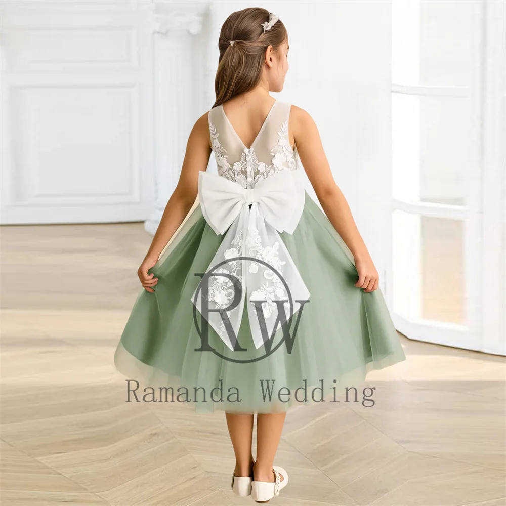 فساتين راماندا مزينة بالدانتيل على شكل حرف a للفتيات بفيونكة ورقبة دائرية بدون أكمام مطوي من التل لحفلات الزفاف فستان فيستدوس دي فيستا مخصص