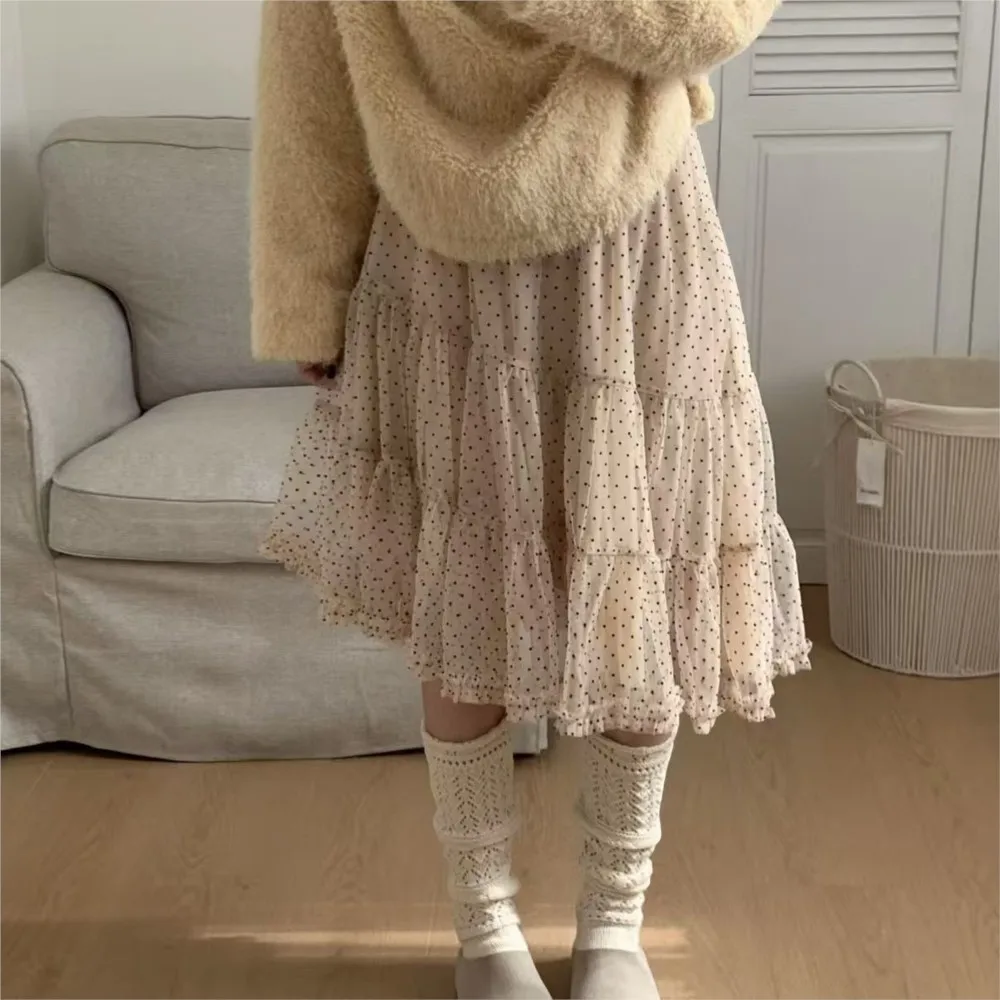 

2026 Spring Cake Skirt A-line Skirts Fashion French Playful Fresh And Sweet Polka Dots Woman Clothing Irregular Mesh Solid Color
