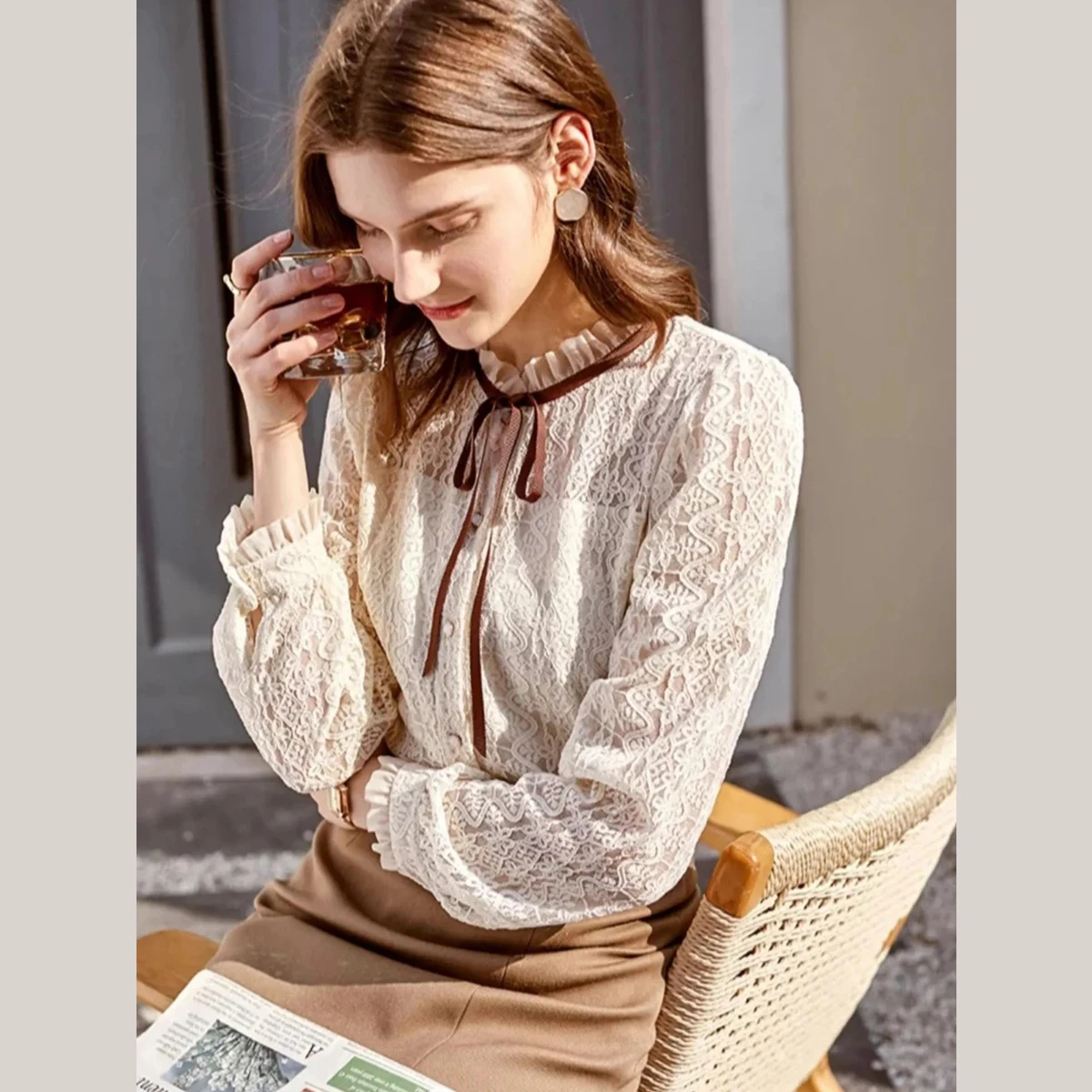 OLrain Womens Casual Shirts 2025 Autumn Knitted Spliced Lace Up Bow Single Breasted Elegant Long Sleeve Blouses Lady M56QC36385