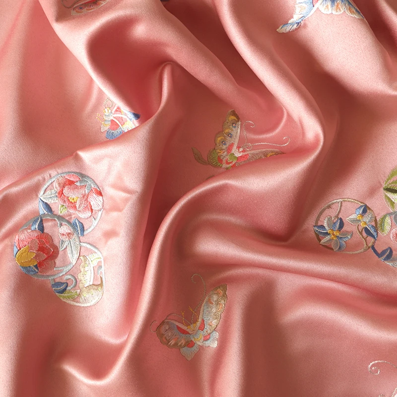 High Quality Thick Satin Silk Fabric Chinese Style Colorful Butterfly Embroidery Group Brocade Fabric For Cheongsam Hanfu Dress