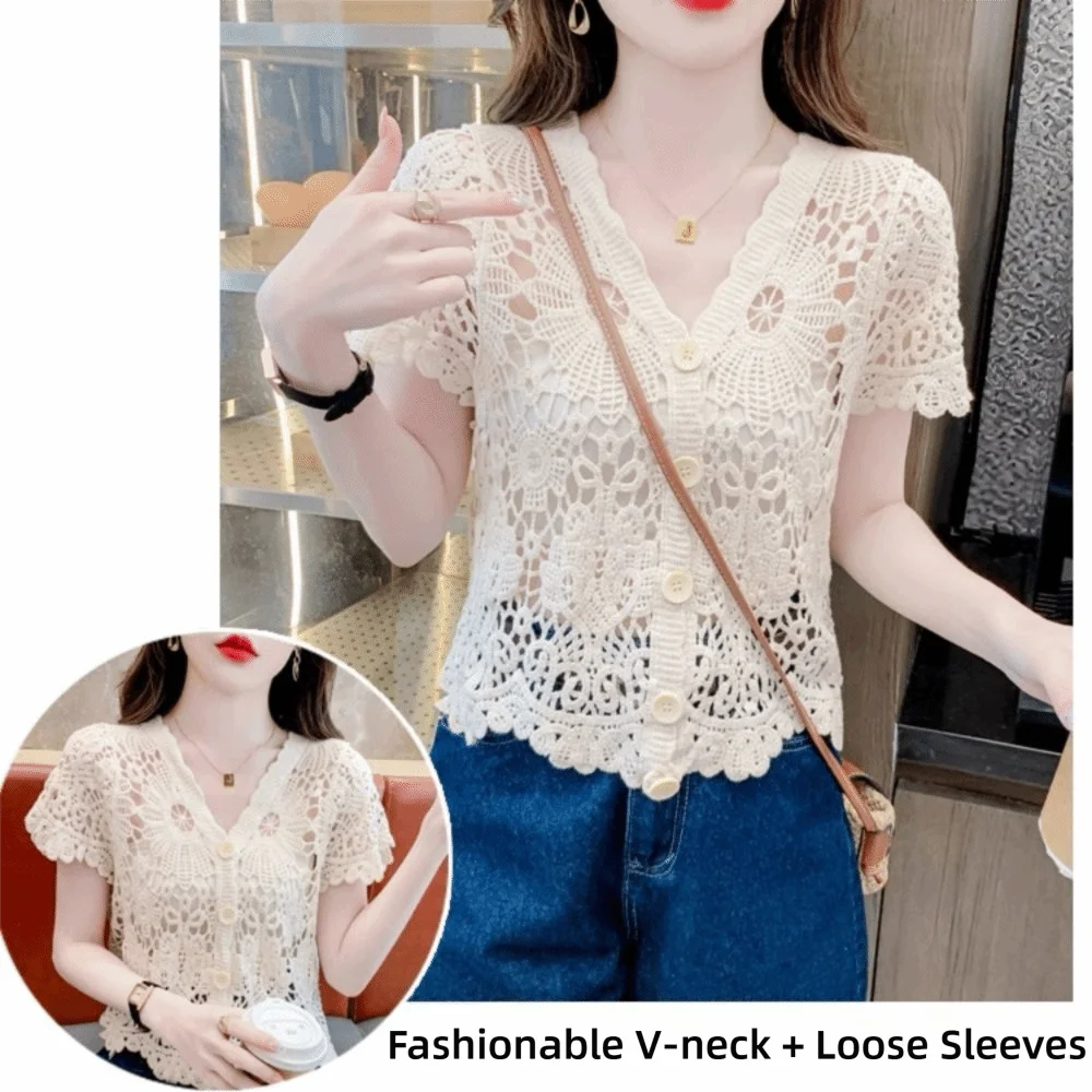 Fashion V-Neck Crochet Top Short Sleeve Boho Style Open-knit Blouse Open-knit Embroidery Blouse Women