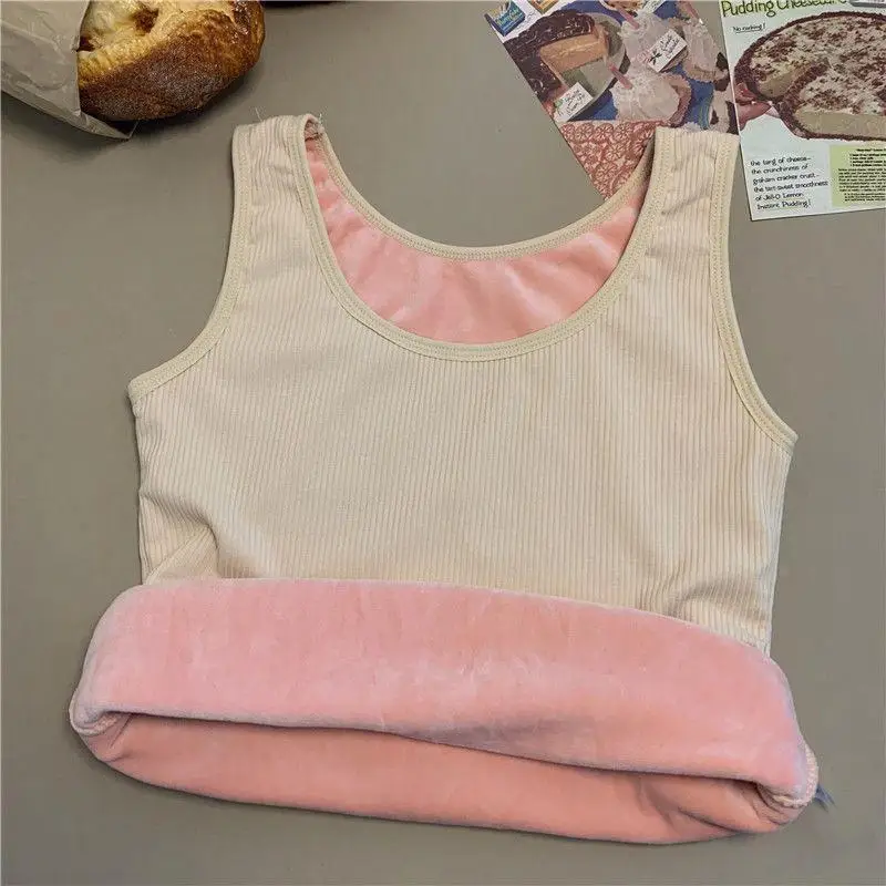 Camiseta térmica de invierno para mujer, sin costuras, con forro de terciopelo, sin mangas, chaleco cálido, camiseta interior para mujer, de color liso, lencería sexy.