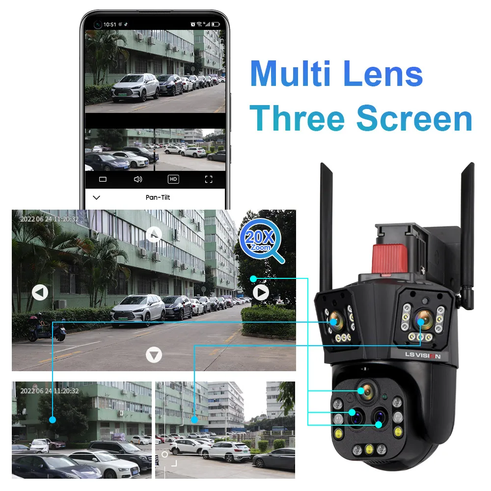 LS VISION 10K 20MP WiFi IP Camera Five Lens 20X Zoom Outdoor 360° Surveillance Security Camera Smart Home Ai Tracking CCTV Cam