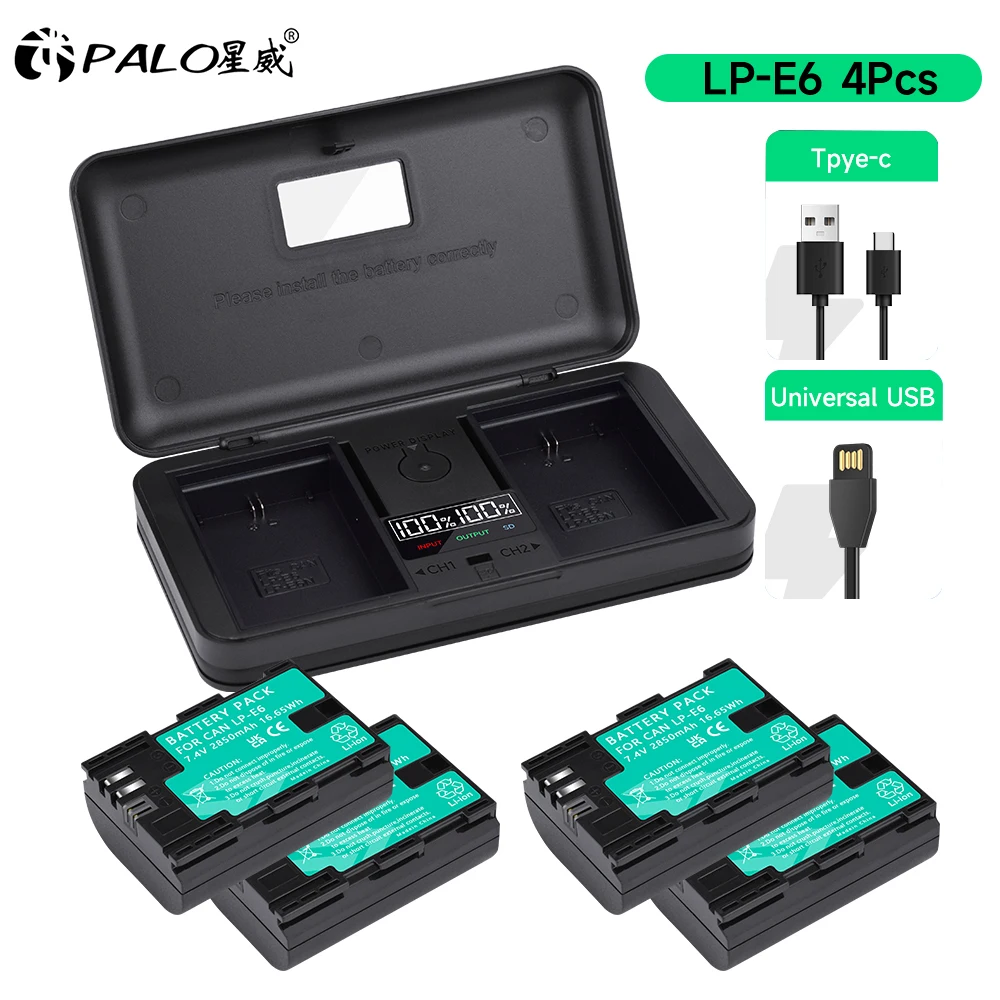 Batería LP E6 LPE6 LP-E6 E6N de 2850mAh + cargador Dual LCD para Canon EOS 6D 7D 5D Mark II III IV 5D 60D 60Da 70D 80D 90D 5DS R5 R6