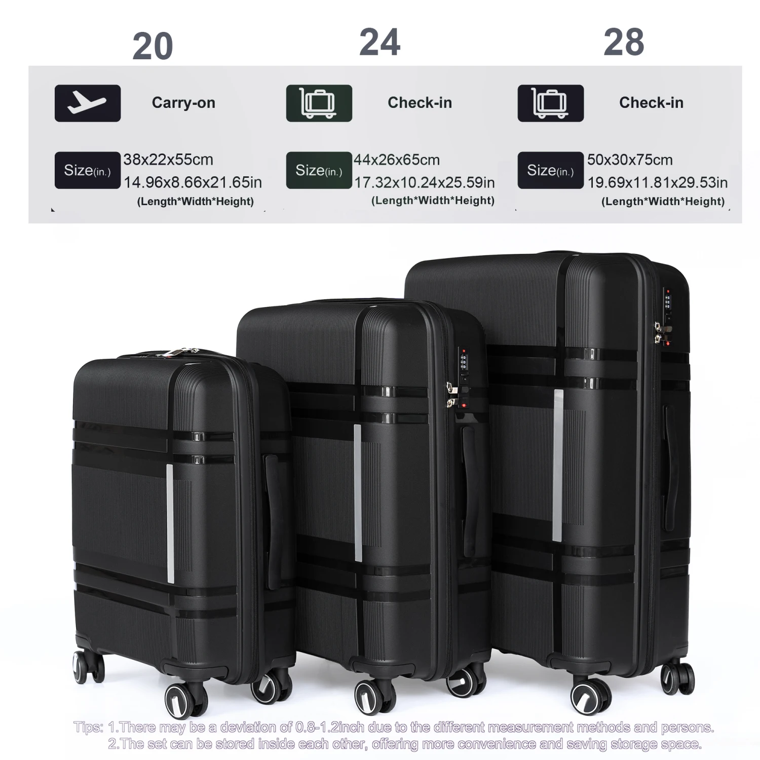 3 Piece Luggage Sets PP Lightweight Suitcase with Two Hooks, Spinner Wheels, (20/24/28) BLACK