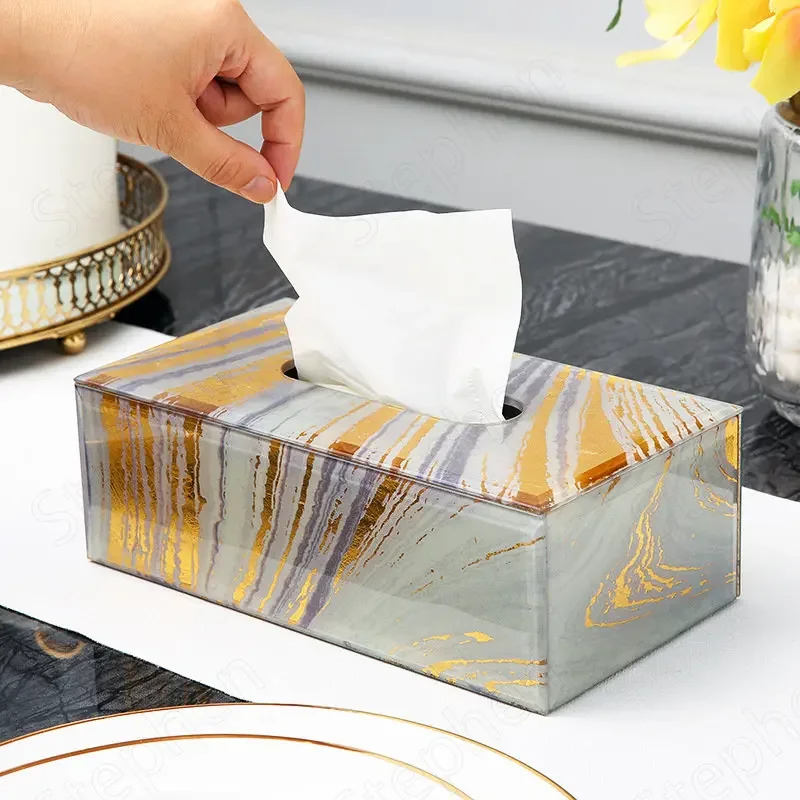 American Classic Agate Texture Tissue Boxes Creative Light Luxury Glass Napkin Holder Living Room Bedroom Desk Tissue Organizer