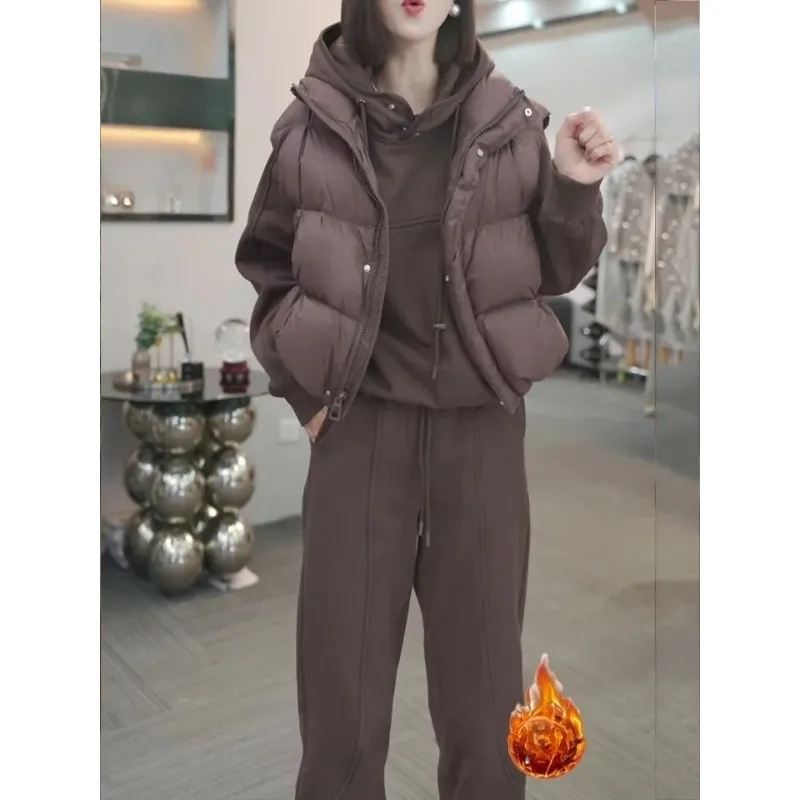 Fleece Thickened Fashionable Korean-style Casual Hooded Top + Long Pants New Autumn Winter Slimming Versatile Three-piece Set