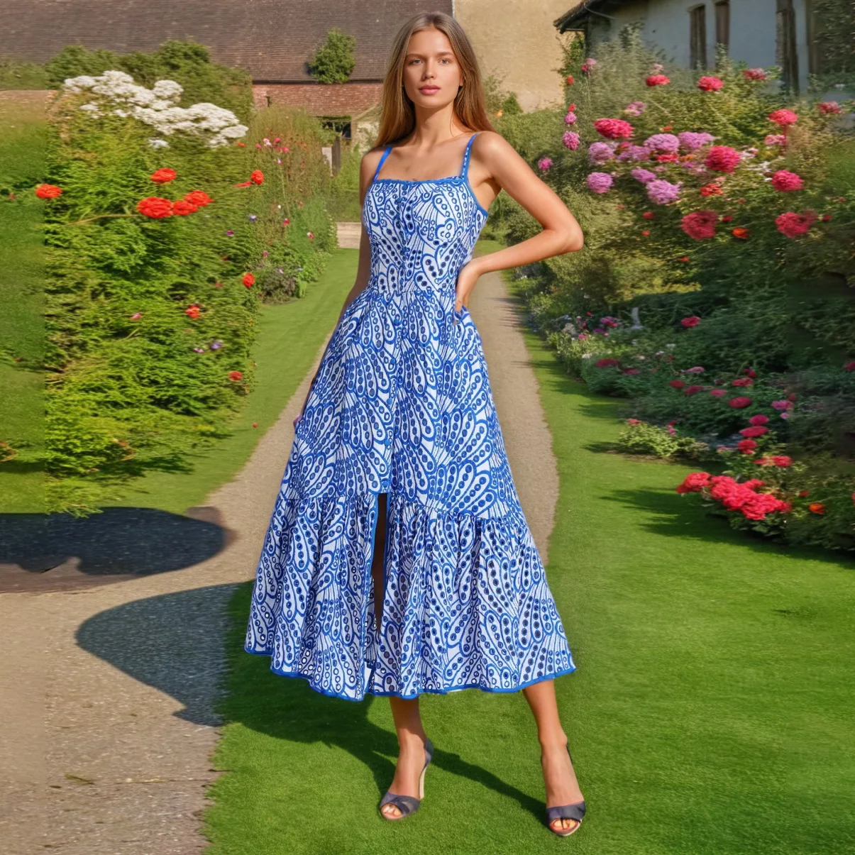 

Seaside vacation style embroidered dress, suspender skirt, high waist hollow design long dress, fashionable simple luxury temper